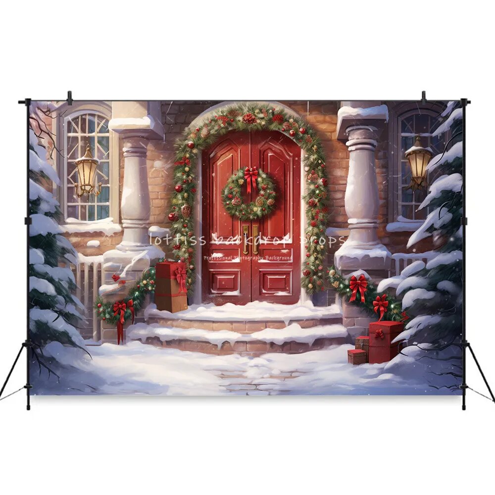 Christmas Snowy House Front Backdrops Kids Adult Photography Props Child Baby Photocall Decors Snowflake Barn Door Background