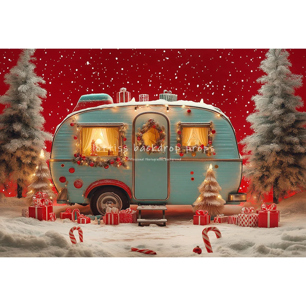 Christmas Truck Snowy House Backdrops Kids Family Photography Child Baby Photocall Snowflake Forest Xmas Bus Trees Backgrounds