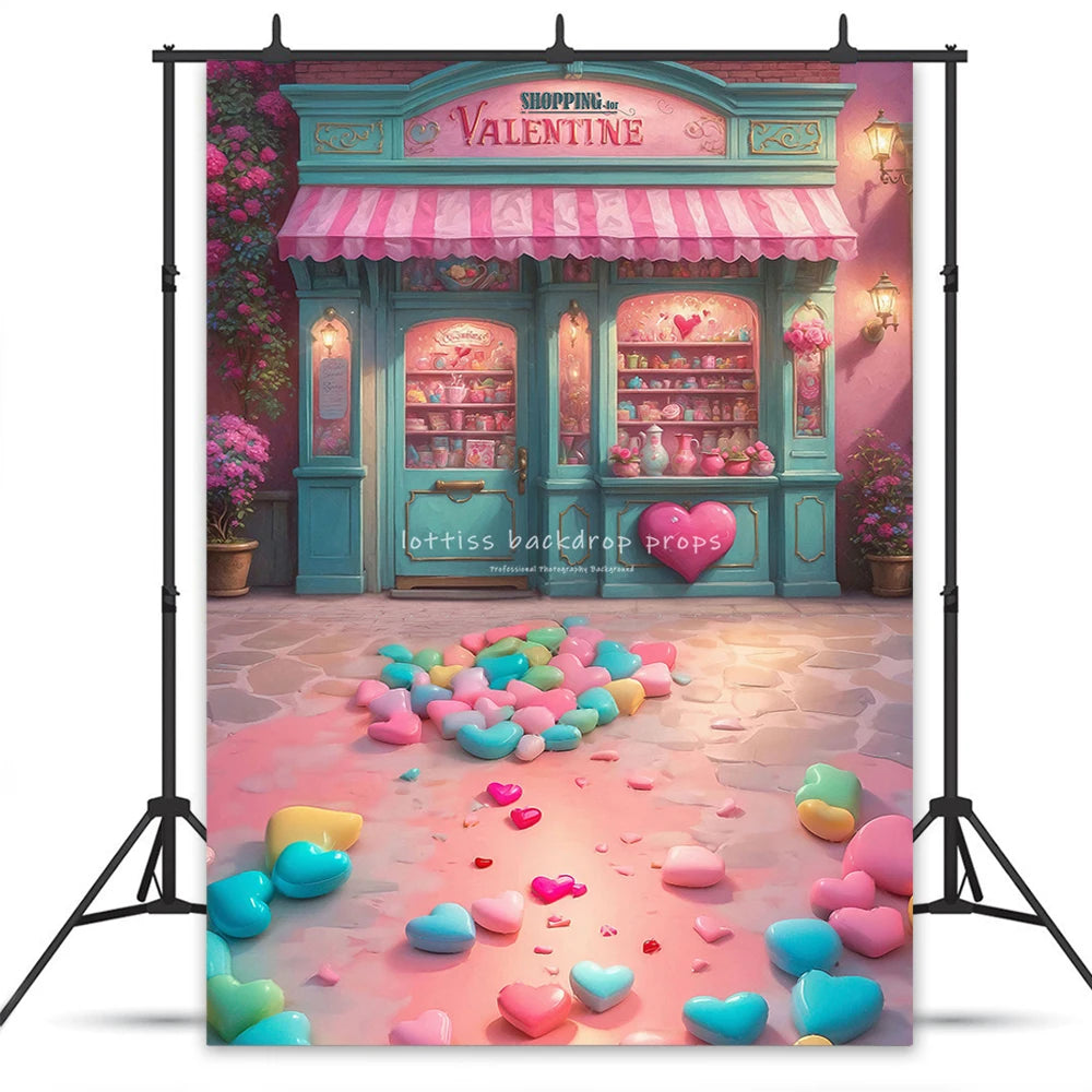 Little Sweet Shop Valentine’s Day Backdrops Kids Girl Photocall Decor Child Adult Photocall Pink Store Valentine Background