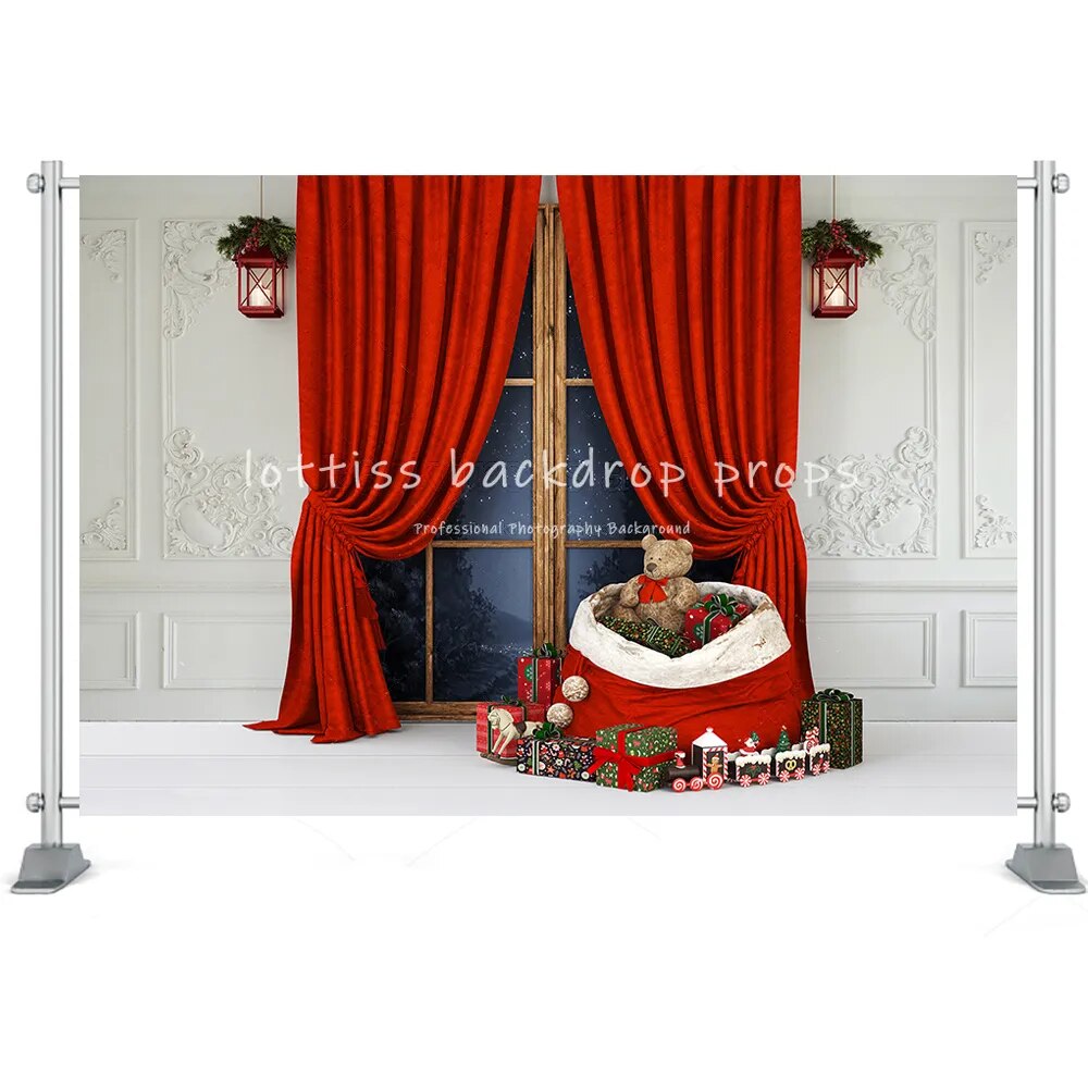 Christmas Room Backdrop Photography Santa Fireplace Toy Window Wreath Winter Wooden Floor Kids Portrait Background Photo Studio