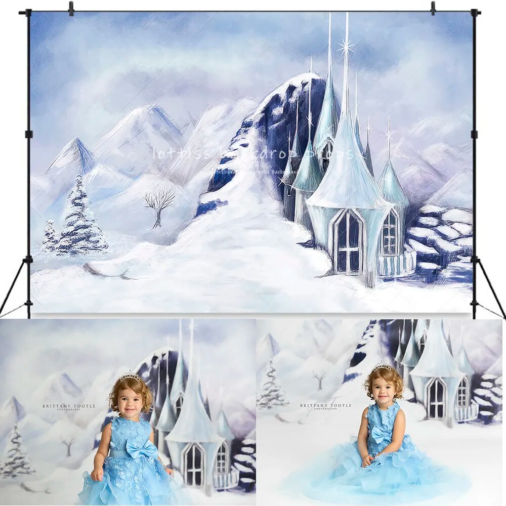 Hiver enneigé montagne décors enfants adultes photographie accessoires enfant bébé Portrait Photocall Photostudio noël neige arbre fond 