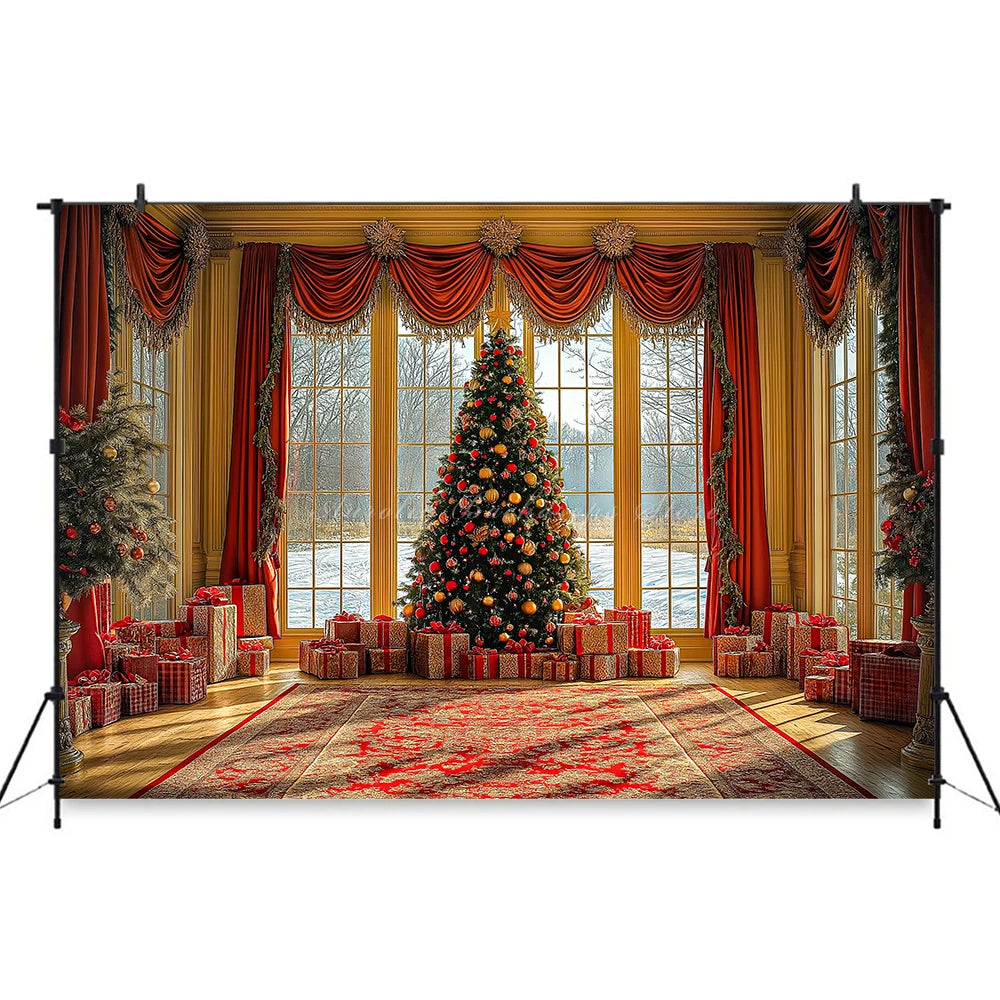 Large Window With Curtains Christmas Photo Backdrop Baby Kids Portrait Family Party Photocall Photograhy Background