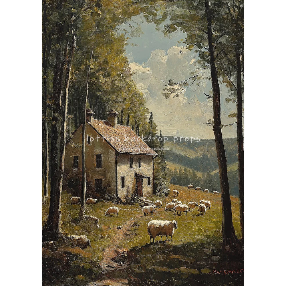 Countryside River Cottage Vintage Scenery Oil Painting Photography Backdrops Kids Adult Photocall Sunset Village Backgrounds