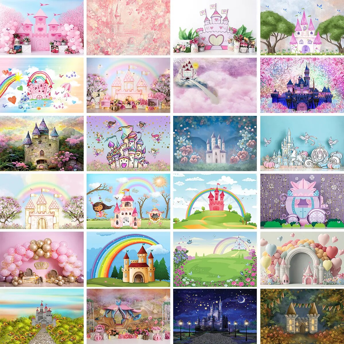 Arrière-plan de château romantique, accessoires de fête d'anniversaire pour enfants, princesse, photographie de bébé, licorne, chariot, gâteau pour fille, arrière-plan Smash 