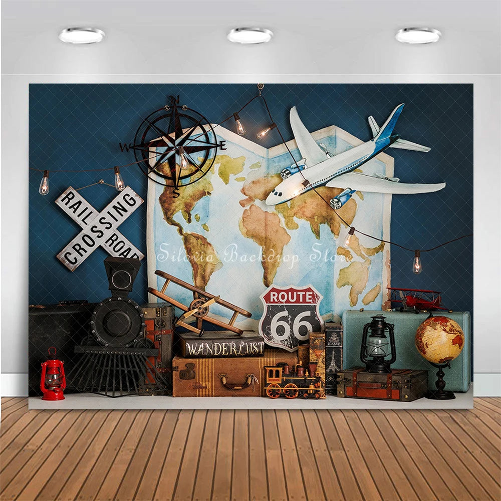 Worldwide Travelling Photography Backdrop Adventure Boy Birthday Cake Smash Photo Background Aircraft Map Photo Studio Props