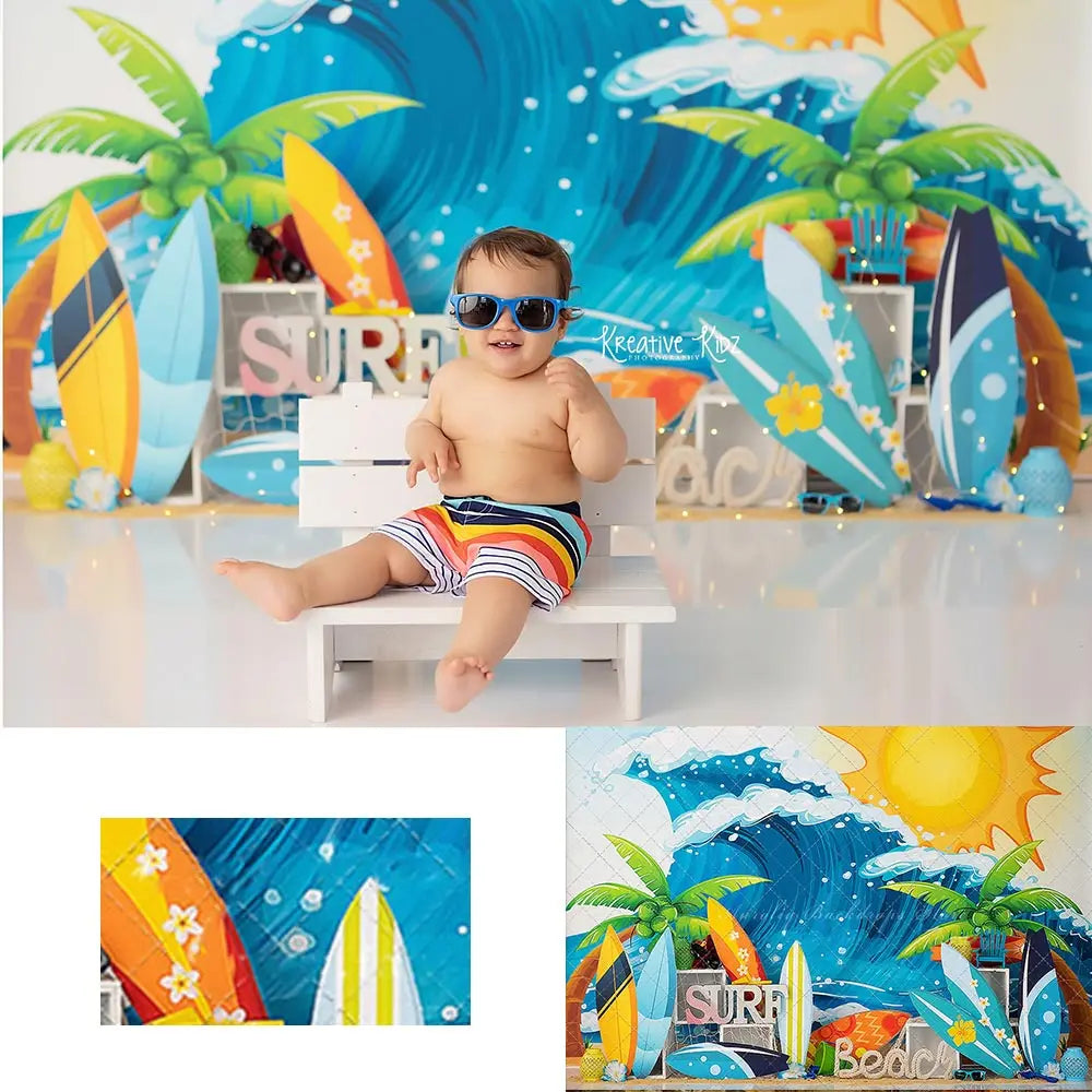 Summer Surfboard Backdrop Kids Baby Girls Birthday Cake Smash Photography Props Seawater Plam Trees Child Studio Backgrounds