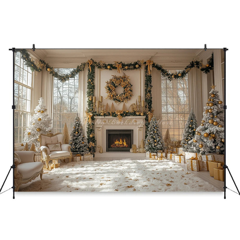 Christmas Backdrop with Fireplace and Large Window Baby Kids Portrait Family Party Photocall Photograhy Background Birthday Prop