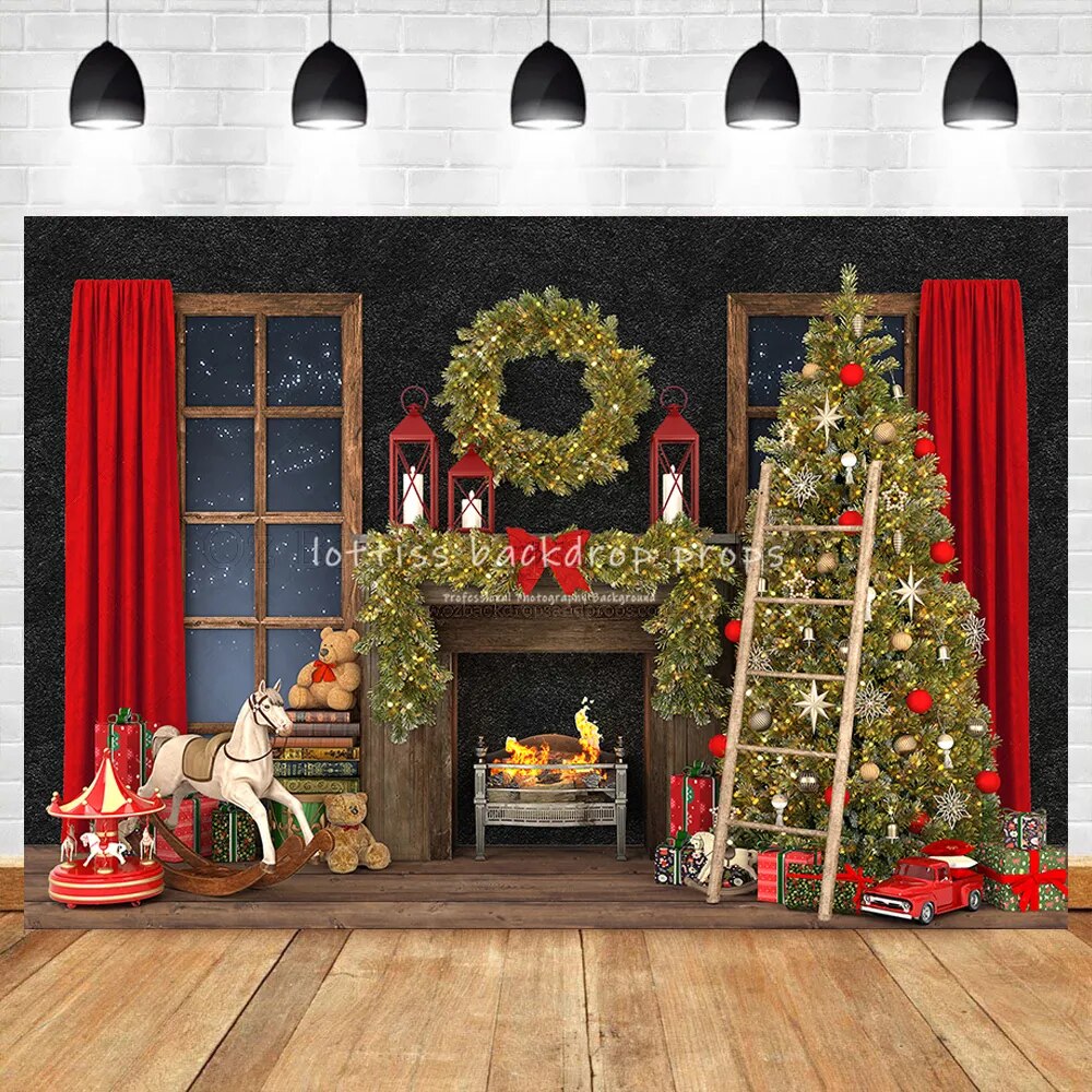 Christmas Backgrounds For Photography Toy Horse Fireplace Tree Gift Baby Toys Party Decor Baby Portrait Room Photo Backdrops