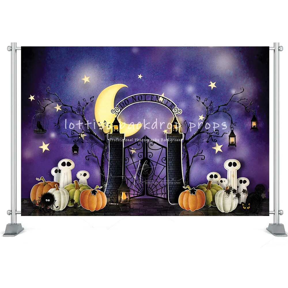 Arrière-plan de maison d'halloween, château, forêt, lune, pierre tombale, décor de Festival, lanterne de citrouille, accessoires de Studio Photo