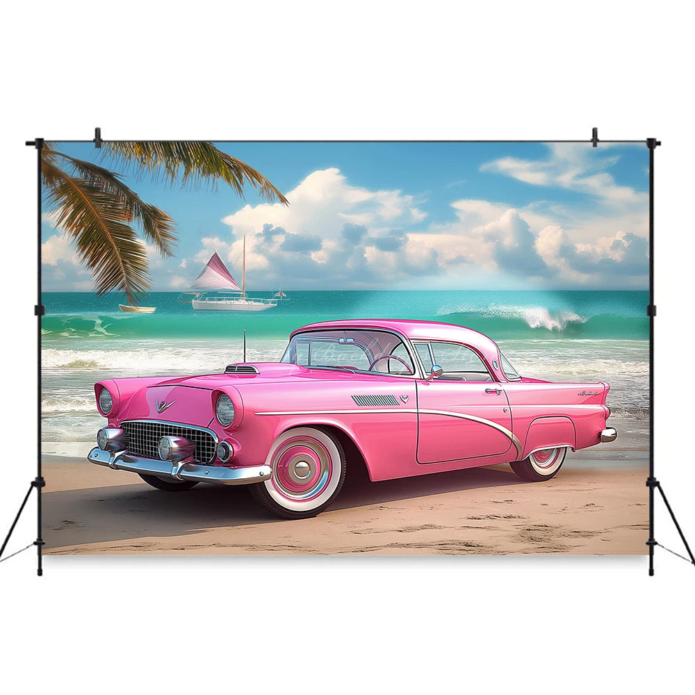 Classic Pink Car Sits on the Beach Photography Backdrop Kids Baby Cake Smash Photocall Decors Summer Plam Tree Studio Background