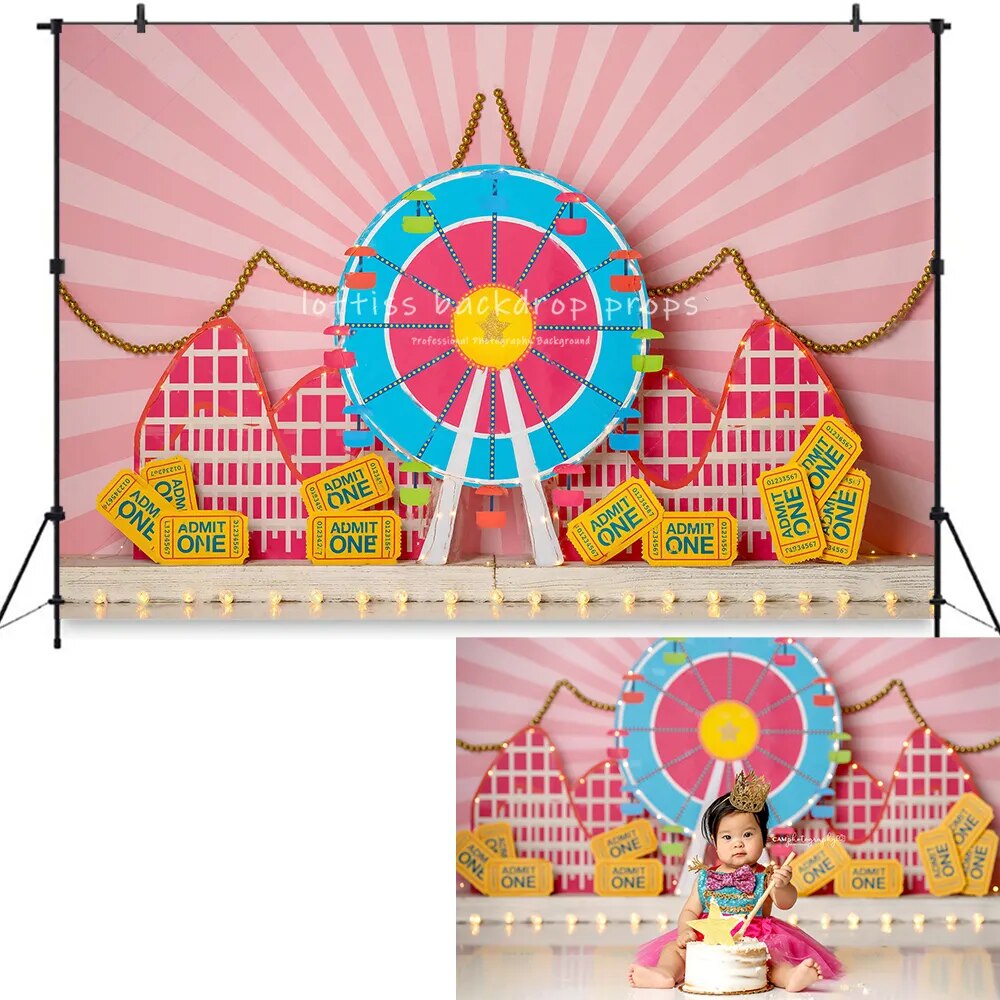 Arrière-plan de cirque de montagnes russes, gâteau d'anniversaire pour enfants, accessoires de studio photo pour bébé, arrière-plan de grande roue d'été pour garçon 