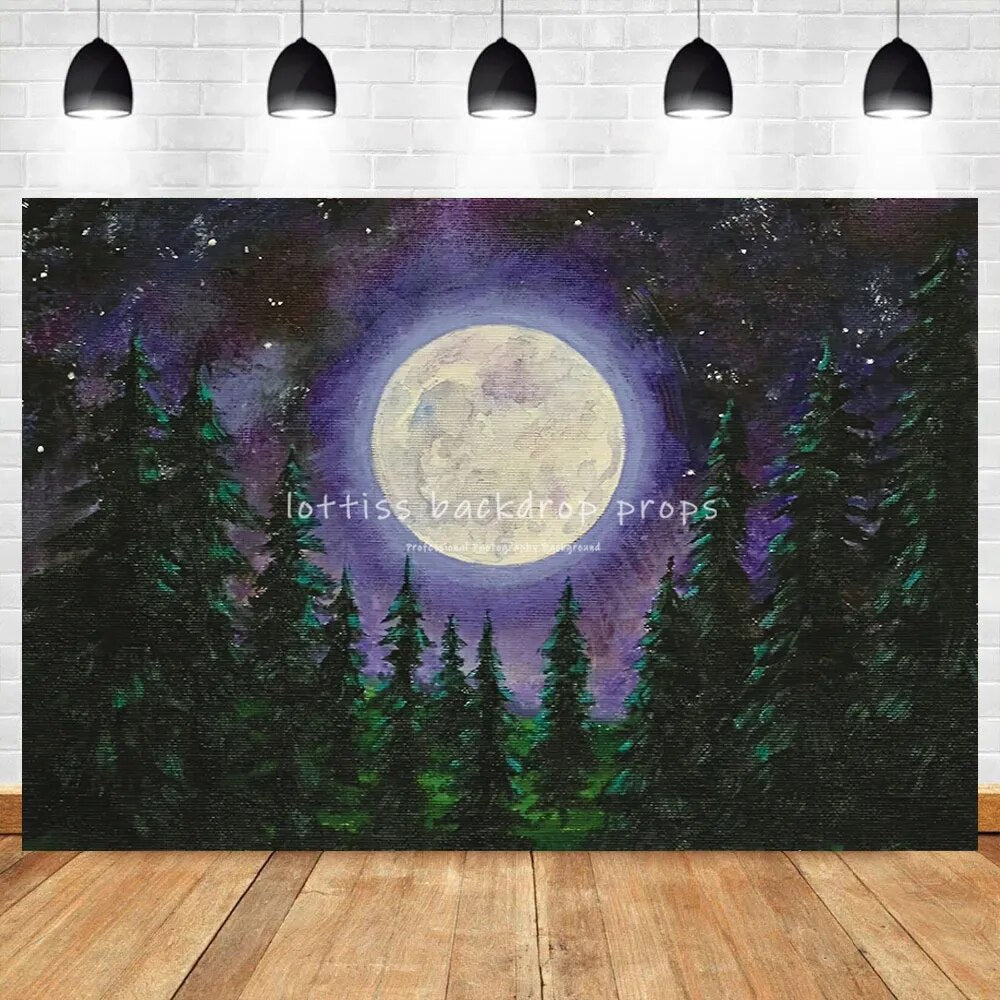 Forest Big Moon Backdrops Kids Photography Cake Smash Backdrops Birthday Tree Night Child Party Props Background Photostudio