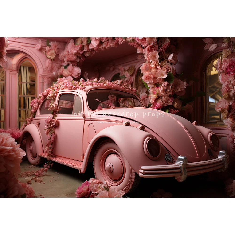 Valentine's Day Pink Floral Car Backdrops Kids Baby Photogrpahy Child Lover Photocall Rose Red Heart Festival Backgrounds