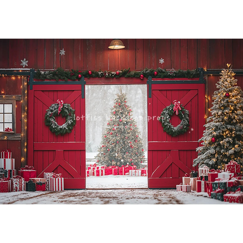 Red Wooden Barn Door Backdrops Kids Family Photography Child Baby Photocall Farm Xmas Trees Snowflake Wreath Cottage Backgrounds