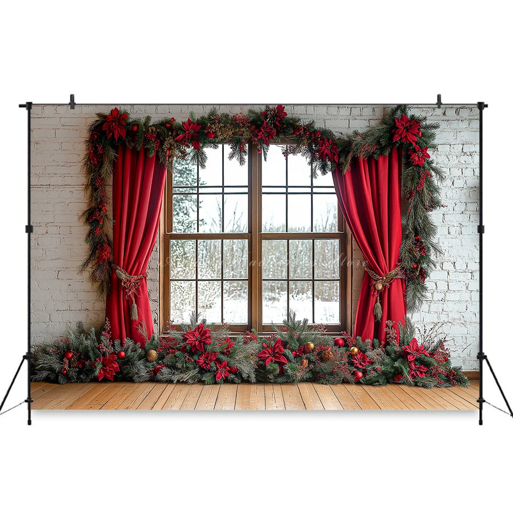 Large Window With Curtains Christmas Photo Backdrop Baby Kids Portrait Family Party Photocall Photograhy Background