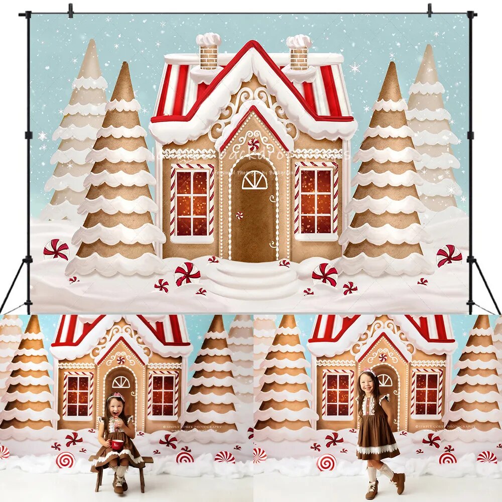 Pretty Peppermint Gingerbread Winter Backdrops Kids Baby Photorgaphy Decors Child Adult Christmas Photocall Snowy House Backgrou