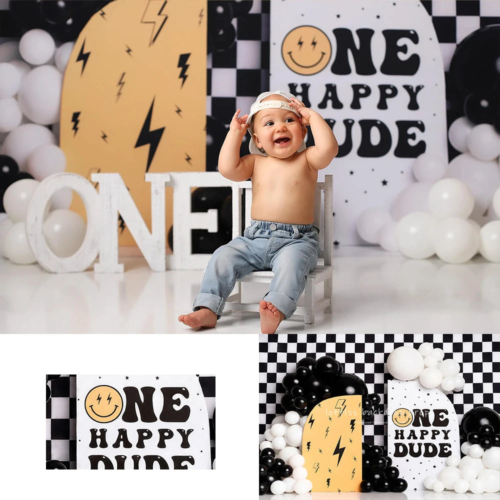 One Happy Dude Backdrops Kids Baby Cake Smash Photography Props Child Boy Photocall Decors Birthday Photo Banner Backgrounds