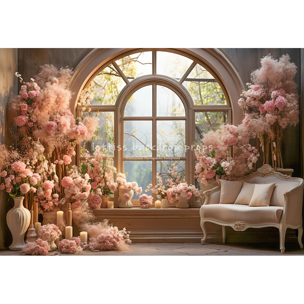 Spring Windows Backdrops Kids Girl Photography Child Adult Photocall Roses Vases Room With Pink Curtains Garden Backgrounds