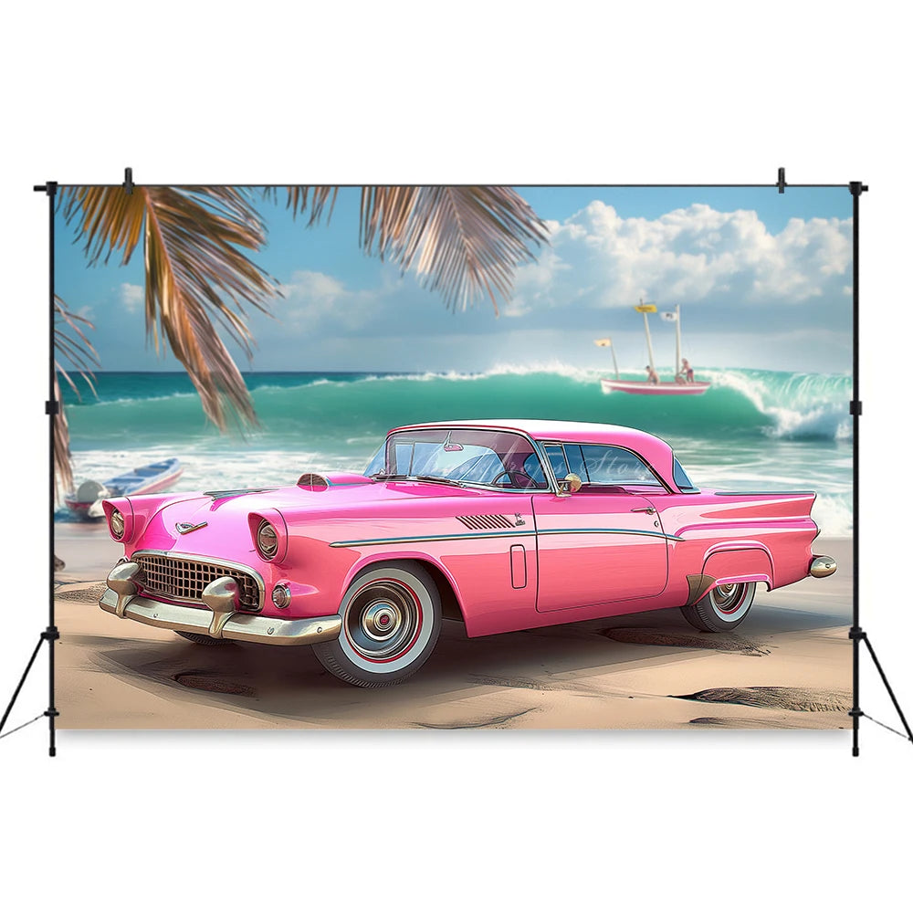 Classic Pink Car Sits on the Beach Photography Backdrop Kids Baby Cake Smash Photocall Decors Summer Plam Tree Studio Background