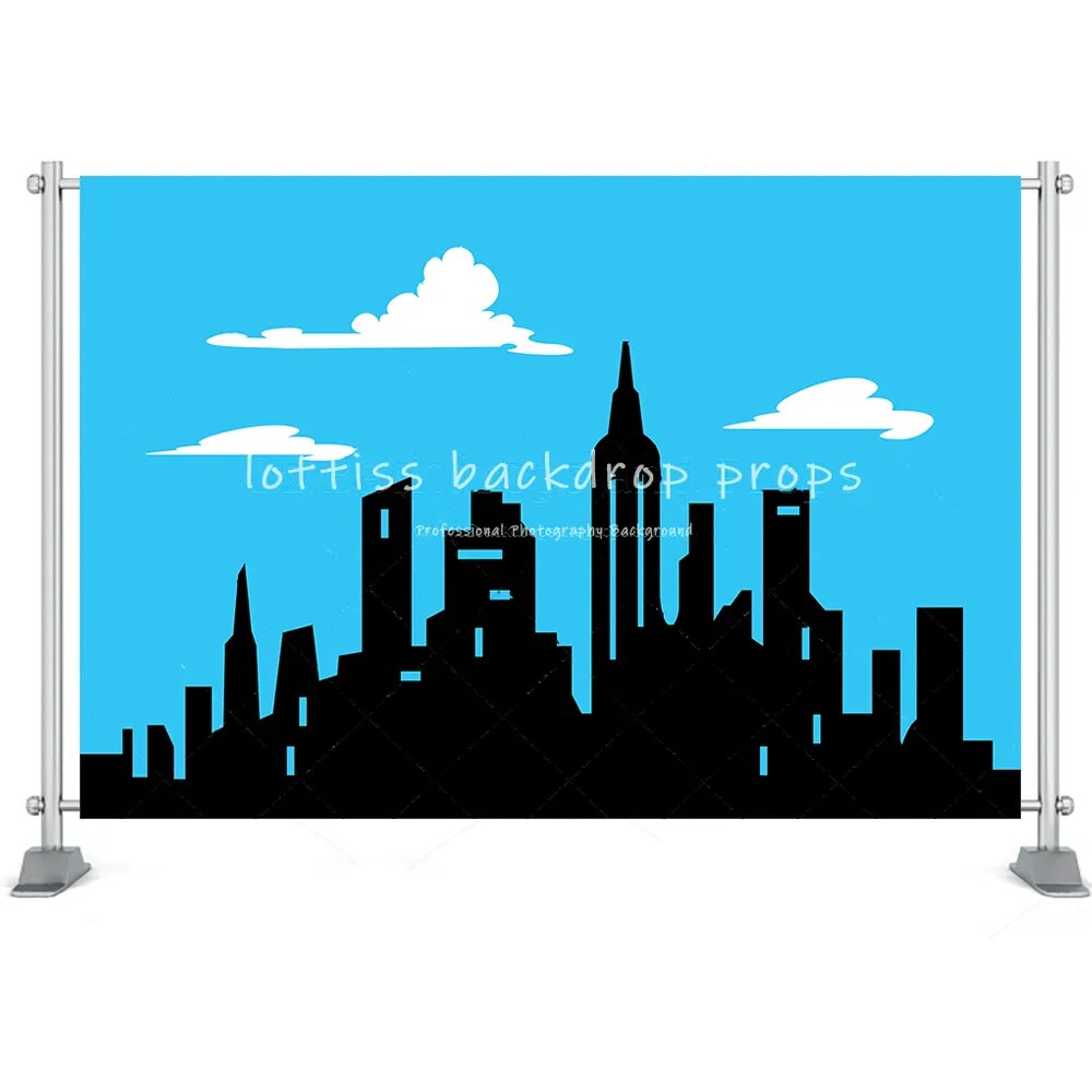 Super City Backdrops Cartoon Superhero Boy Birthday Party Super City Cospaly Photography Cake Table Decor Booth Props