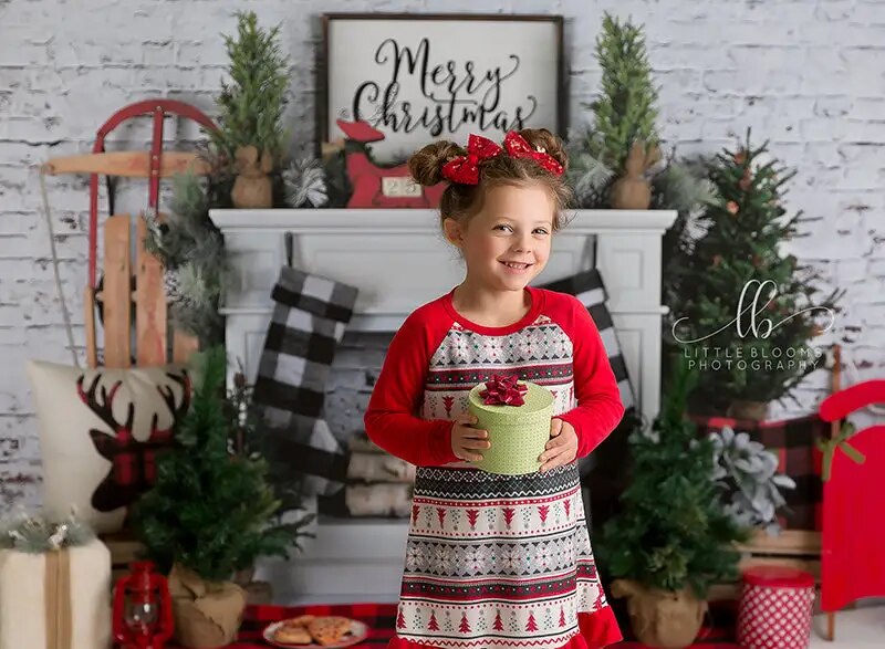 Farmhouse Christmas Fireplace Backdrops Kids Baby Photography Props Festival Girl Adult Family Xmas Trees Background