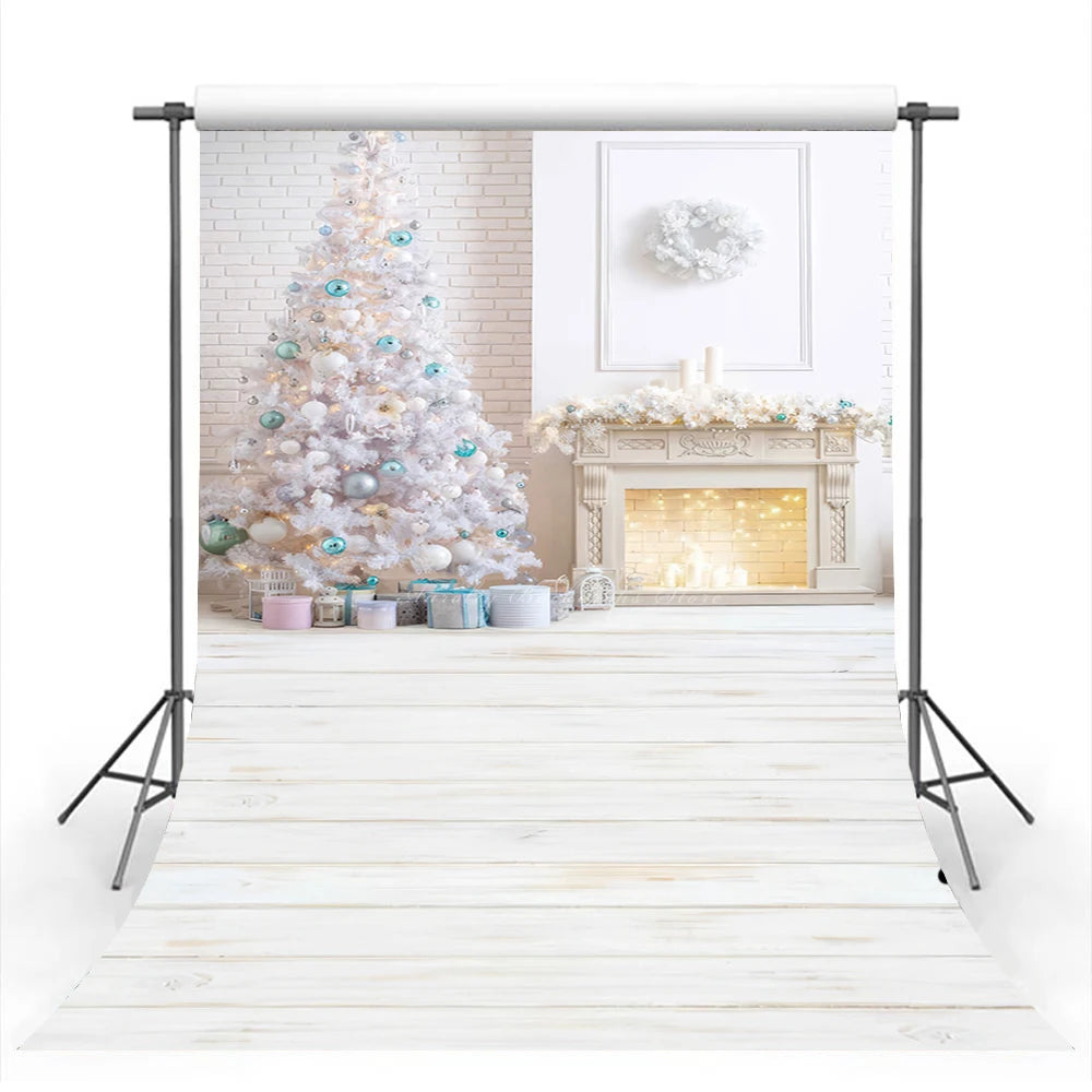 Christmas Wooden Floor Interior Decoration Fireplace and Gifts Baby Kids Portrait Family Party Photocall Photograhy Background