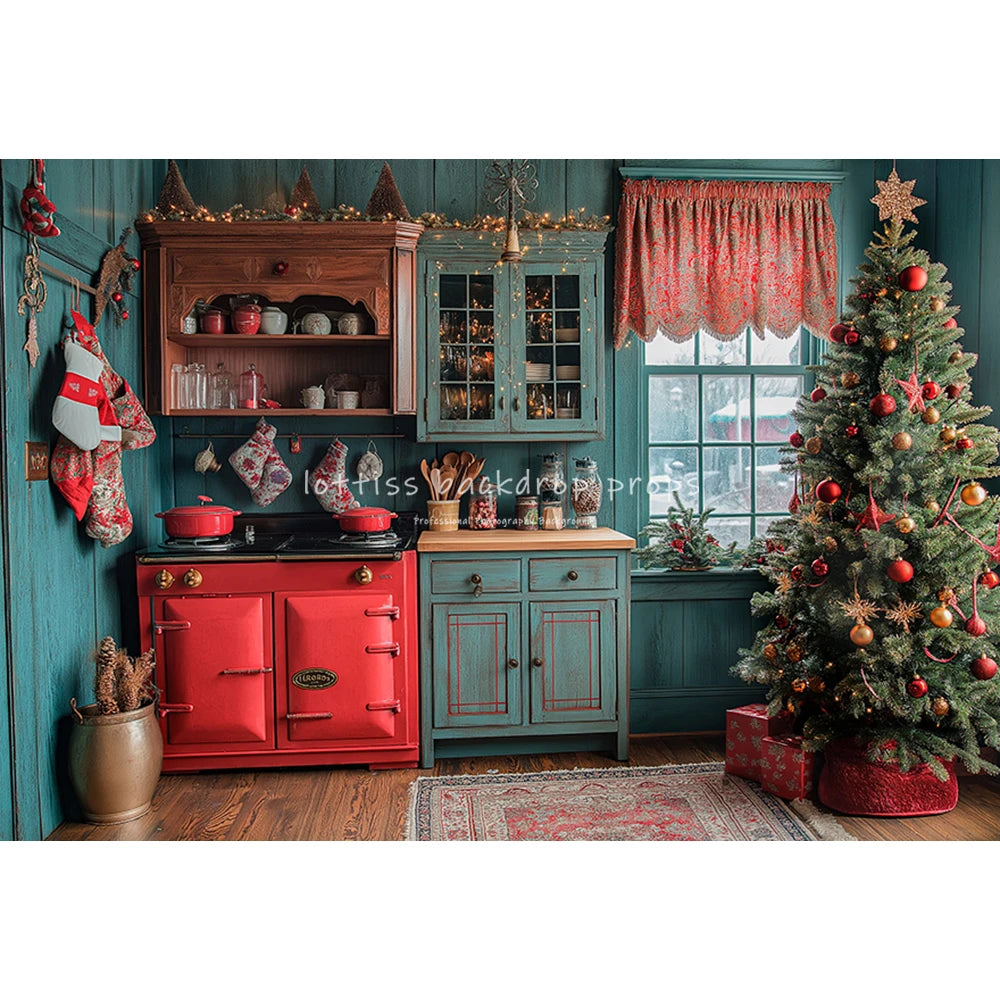 Christmas Kitchen Backdrops Kids Family Photography Child Baby Photocall Decors Winter Xmas Wreath Trees Backgrounds