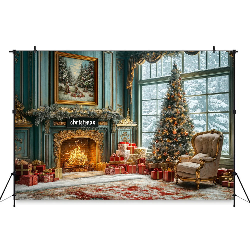 Elegant Christmas Fireplace Scene With Toy Bear Backdrop Kids Baby Cake Smash Photography Props Studio Backgrounds