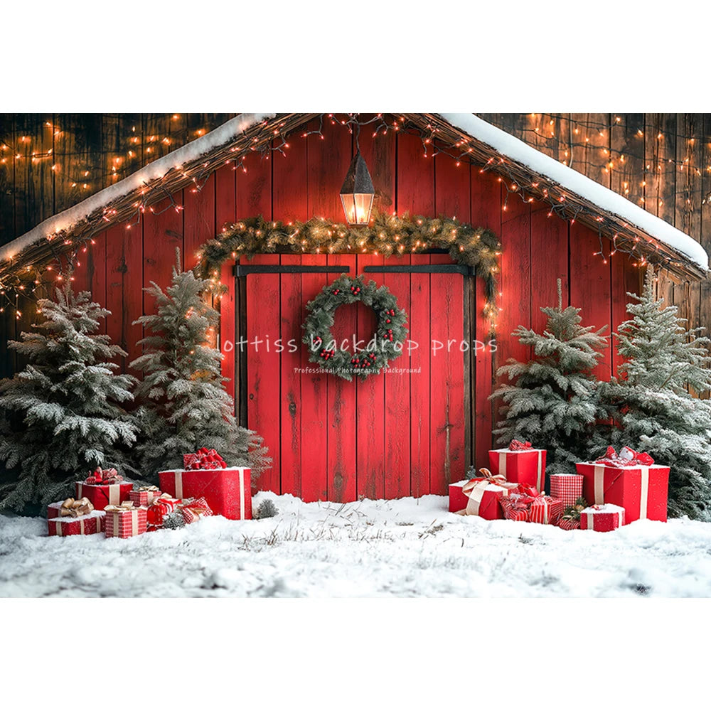 Winter Christmas Cottage Backdrops Kids Adult Photography Country House Entrance Red Door Gift Box Xmas Trees Backgrounds