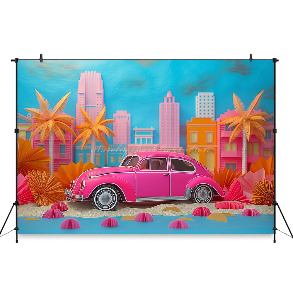 Classic Pink Car Sits on the Beach Photography Backdrop Kids Baby Cake Smash Photocall Decors Summer Plam Tree Studio Background