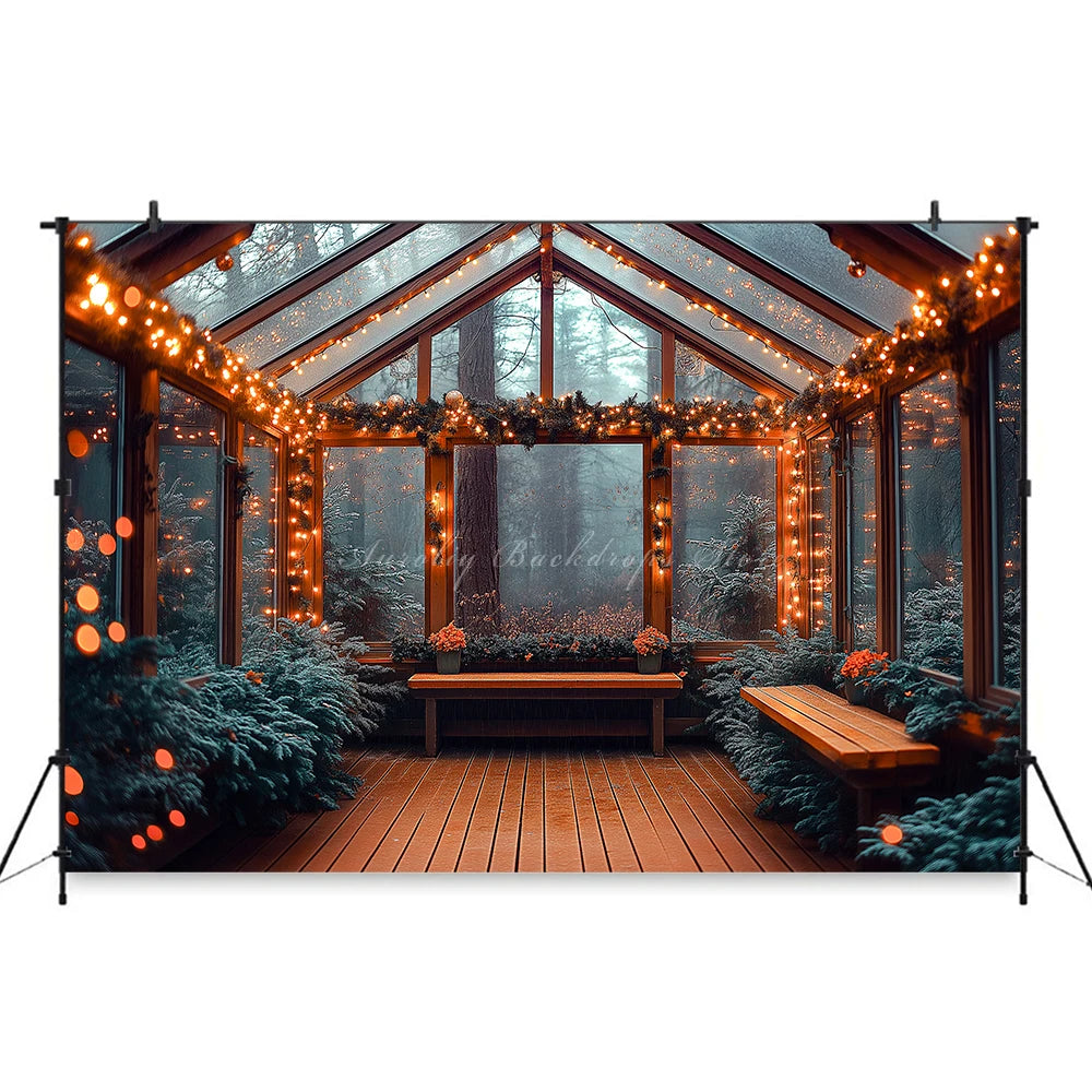 Cozy Greenhouse Interior With Large Window Backdrop Christmas Forest Baby Kids Portrait Family Party Photocall Photograhy Decors