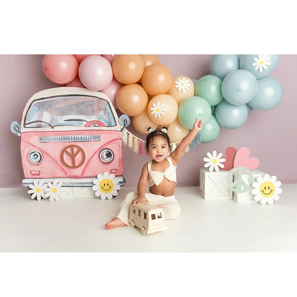 Groovy Cute Pink Truck Balloon Photo Background Girl Birthday Cake Smash Photography Backdrop White Daisy Photo Studio Props