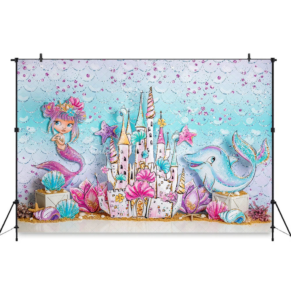 Mermaid Princess Of The Sea Photo Background Shining Castle Girl Birthday Cake Smash Photography Backdrop Photo Studio Props