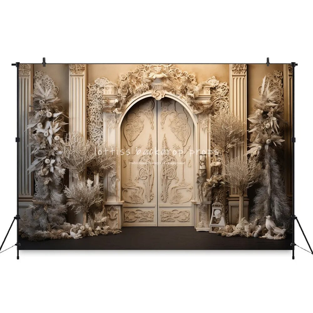 Christmas Wooden Door Backdrops Retro Door Kids Baby Photography Props Child Adult Photocall Decors Xmas Trees Castle Background