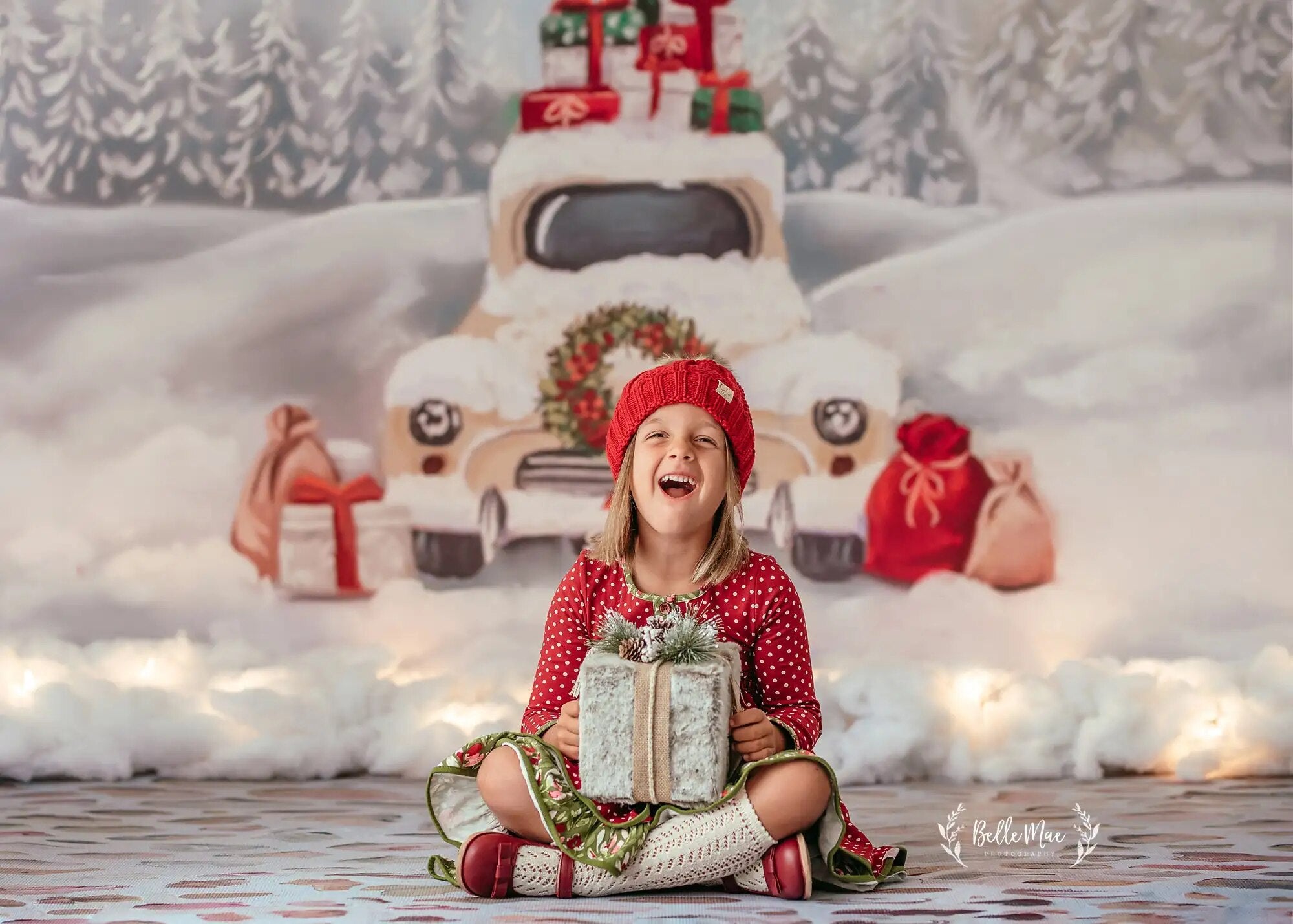 Santas Sleigh Backdrops Xmas Kids Photography Props Child Family Photocall Christmas Snowy Forest Car Background