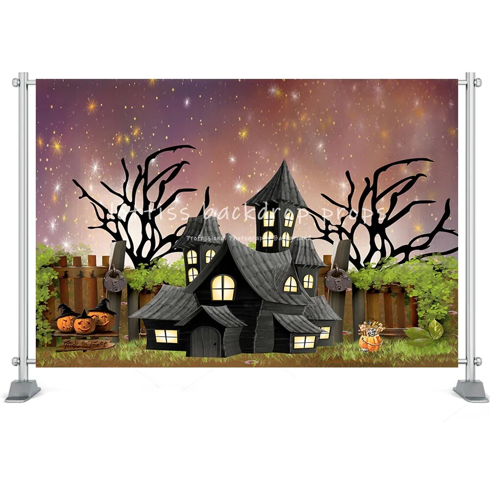 Halloween grande citrouille lanterne fond horreur lune nuit cimetière photographie enfants anniversaire Portrait atoile de fond Photo Studio