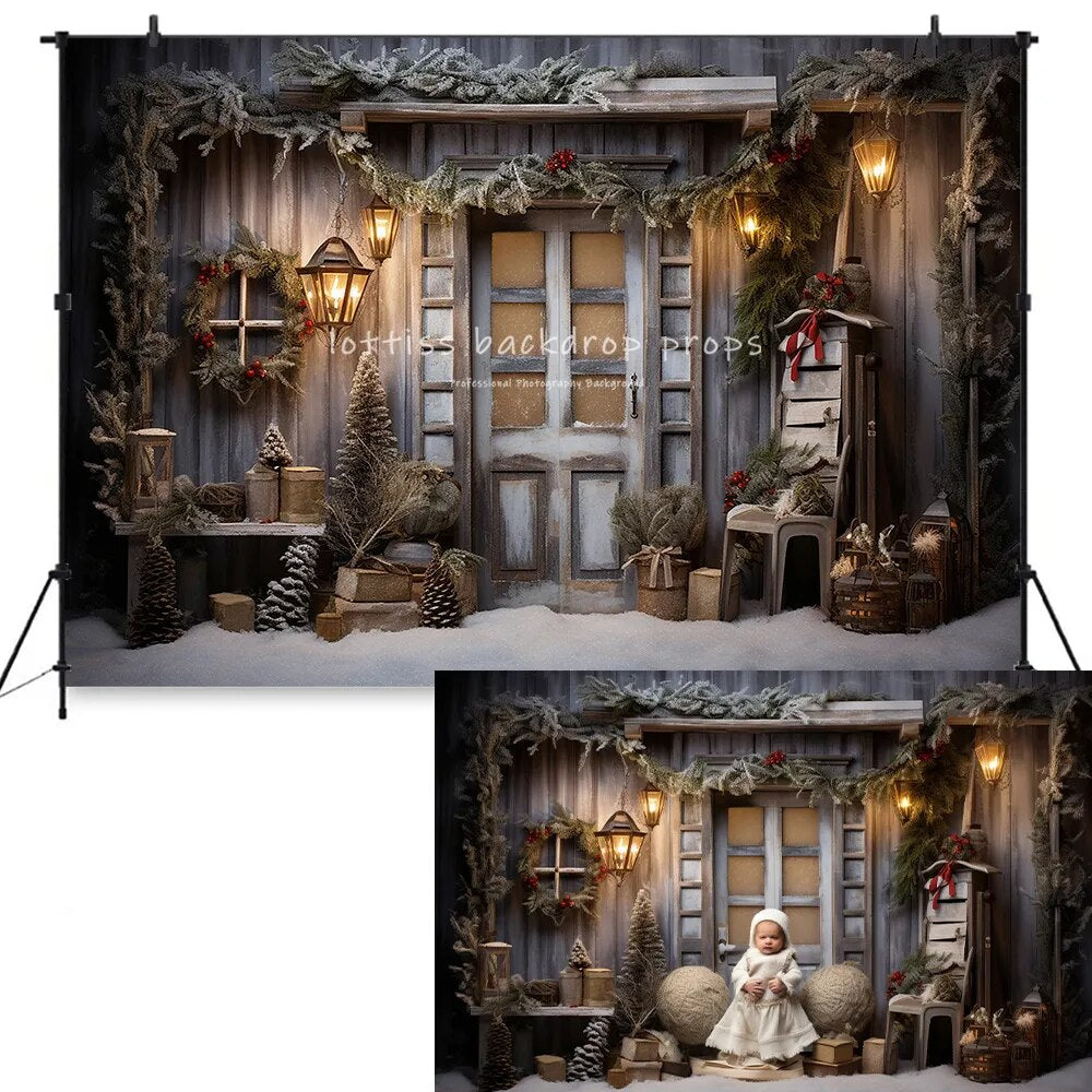 Noël enneigé maison avant décors enfants bébé Photocall accessoires adulte enfant photographie arbres de noël hiver porte en bois fond 