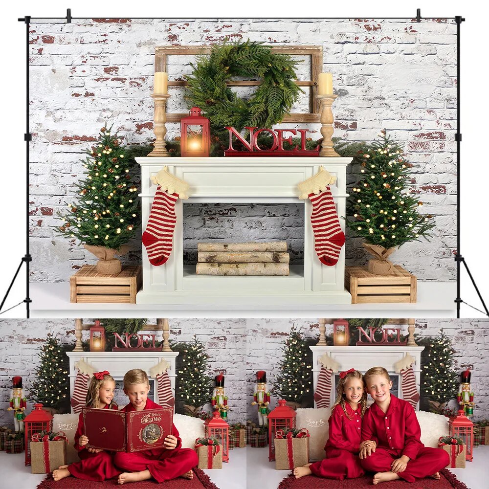 Plaid Christmas Fireplace Backdrops Kids Adult Photography Props Photostudio Xmas Socks Trees Festival Background