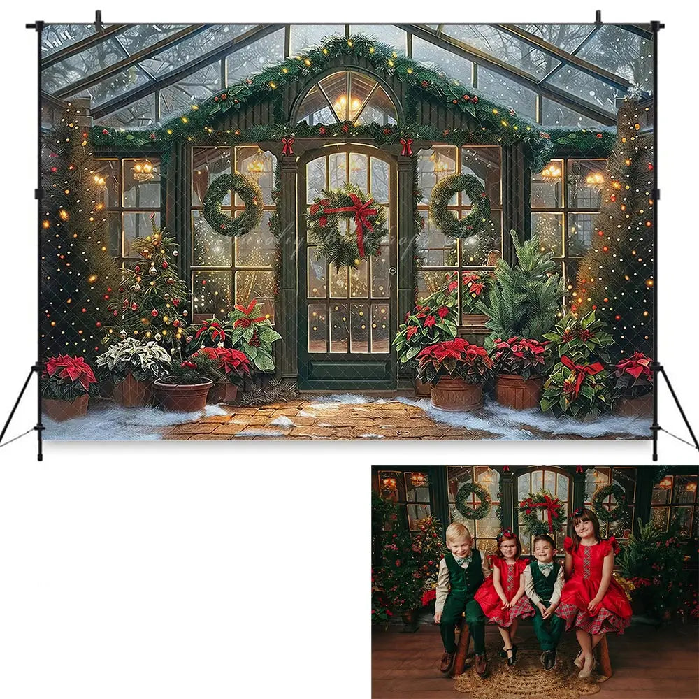 Christmas Greenhouse Backdrop Winter Cozy Courtyard Door With Lights Baby Kids Portrait Family Party Photocall Photograhy Decors