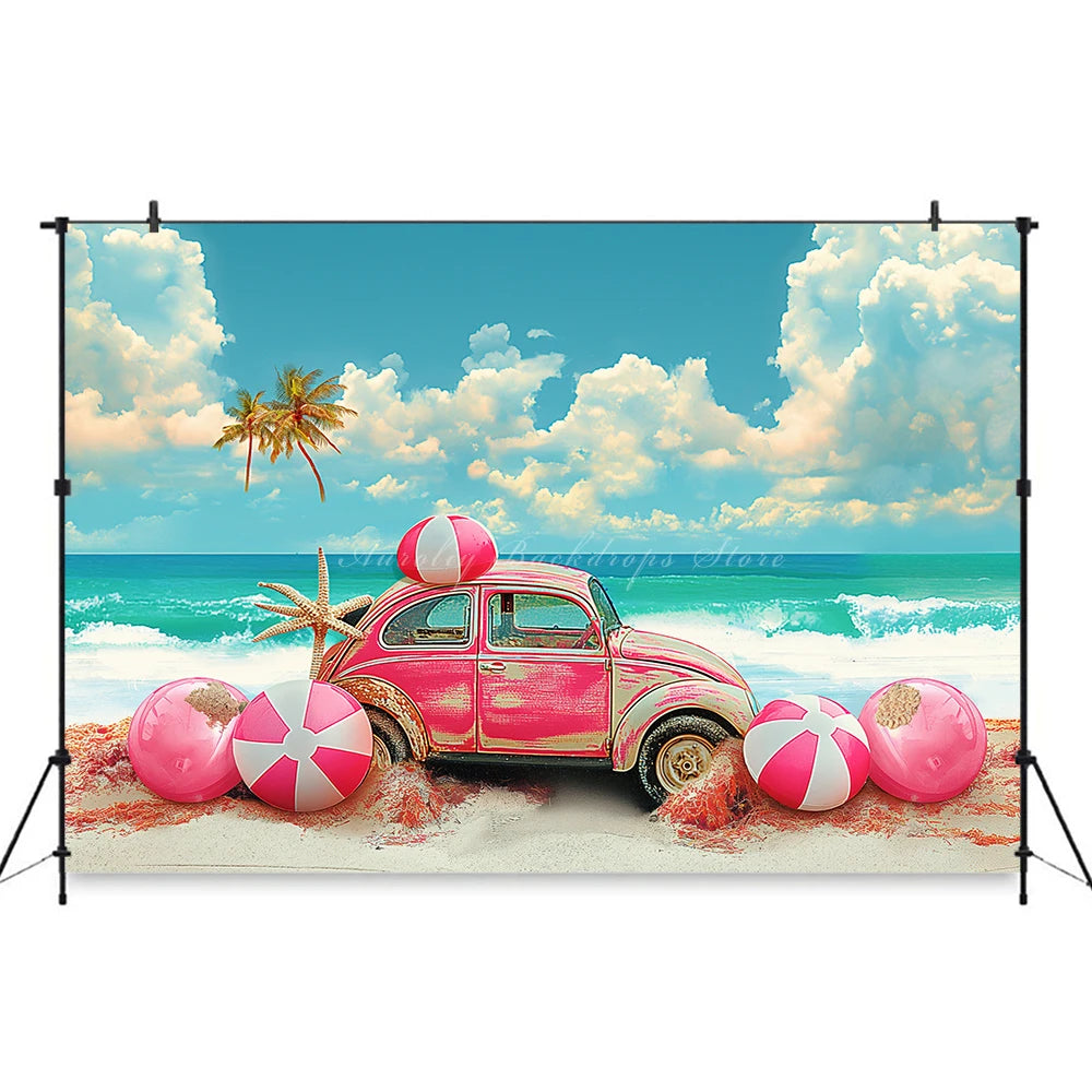 Classic Pink Car Sits on the Beach Photography Backdrop Kids Baby Cake Smash Photocall Decors Summer Plam Tree Studio Background