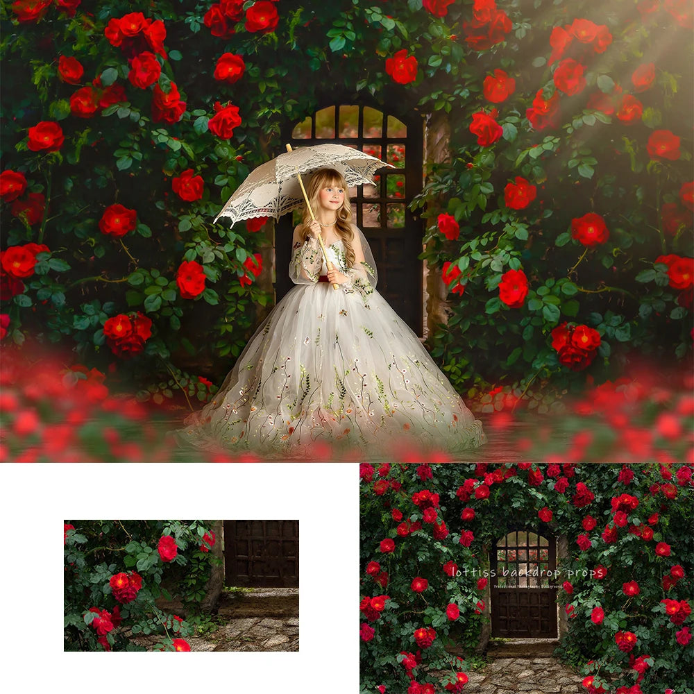 Red Rose Garden Backdrops Kids Girl Photography Props Child Adult Photocall Decors Spring Floral Valentine Day Background