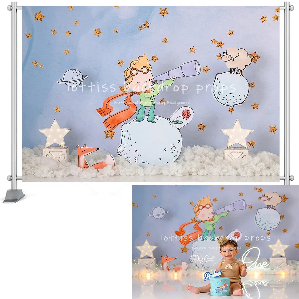 Cartoon Birthday Backdrop Kids Boy Baby Photocall Rose Moon Prince Bakckground Props Party Decor Photostudio