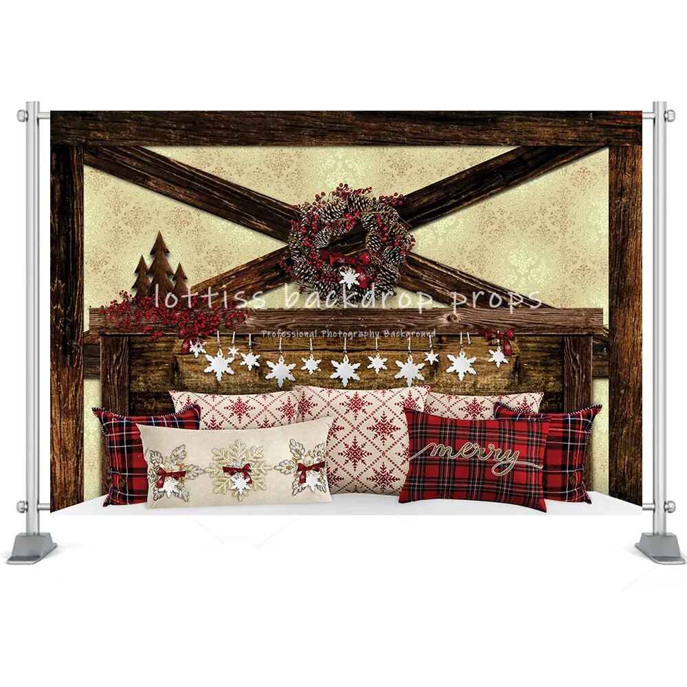 Christmas HeadBoard Photography Backdrop Baby Portrait Photographic Wreath Bed Wooden Wall Decor Family Kids Photo Studio