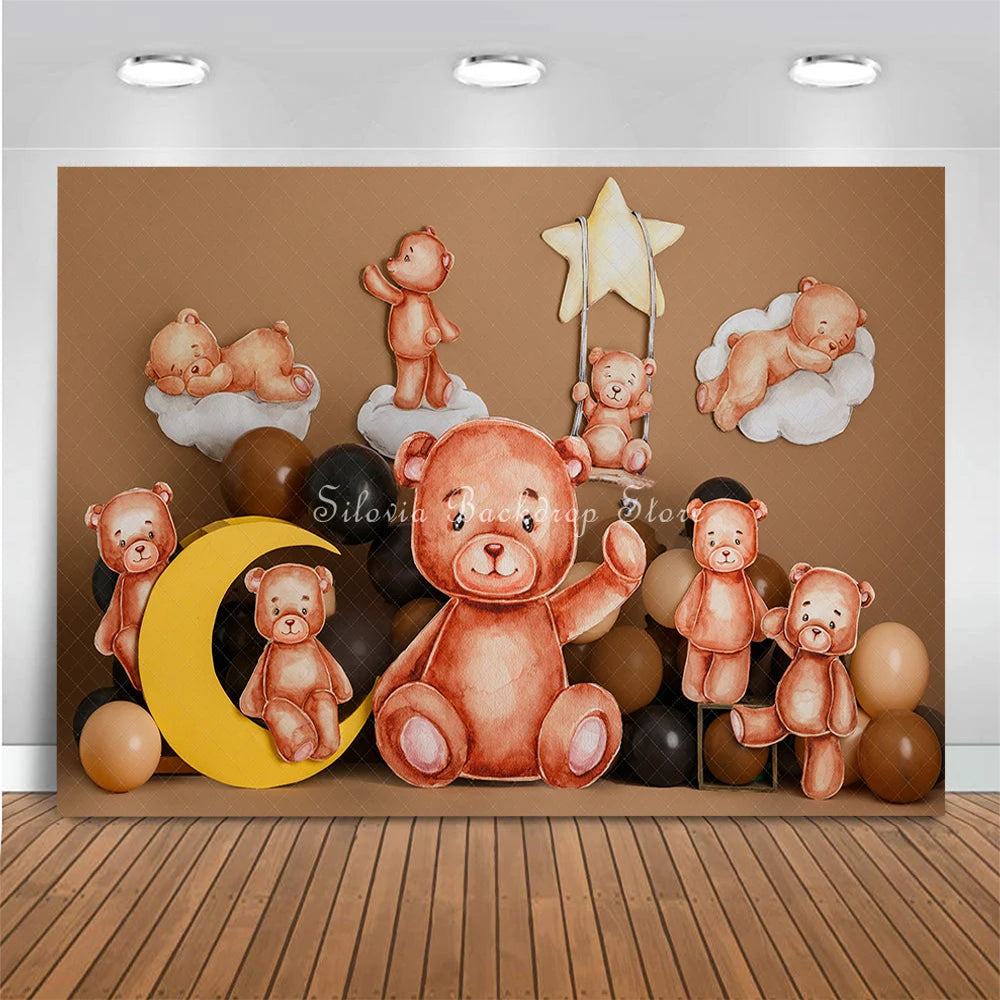 Brown Cute Bear Clouds Photo Background Children Birthday Cake Smash Photography Backdrop Balloon Decoration Photo Studio Props