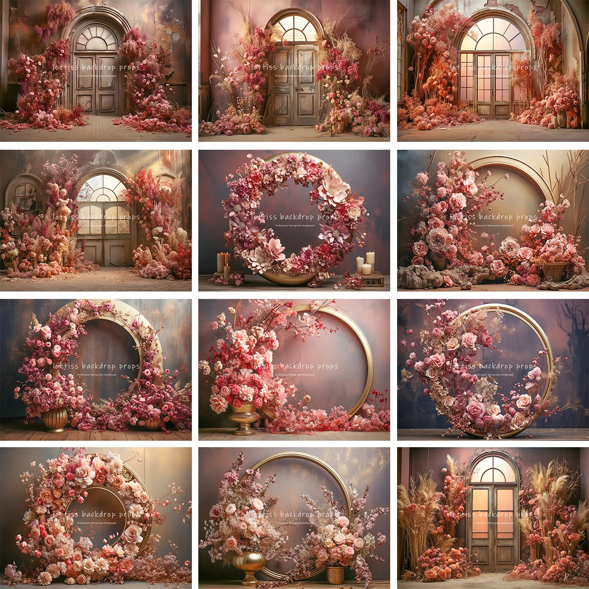 Spring Pink Gold Arch Backdrops Kids Baby Photography Child Wedding Photocall Decors Garden Floral Door Backgrounds