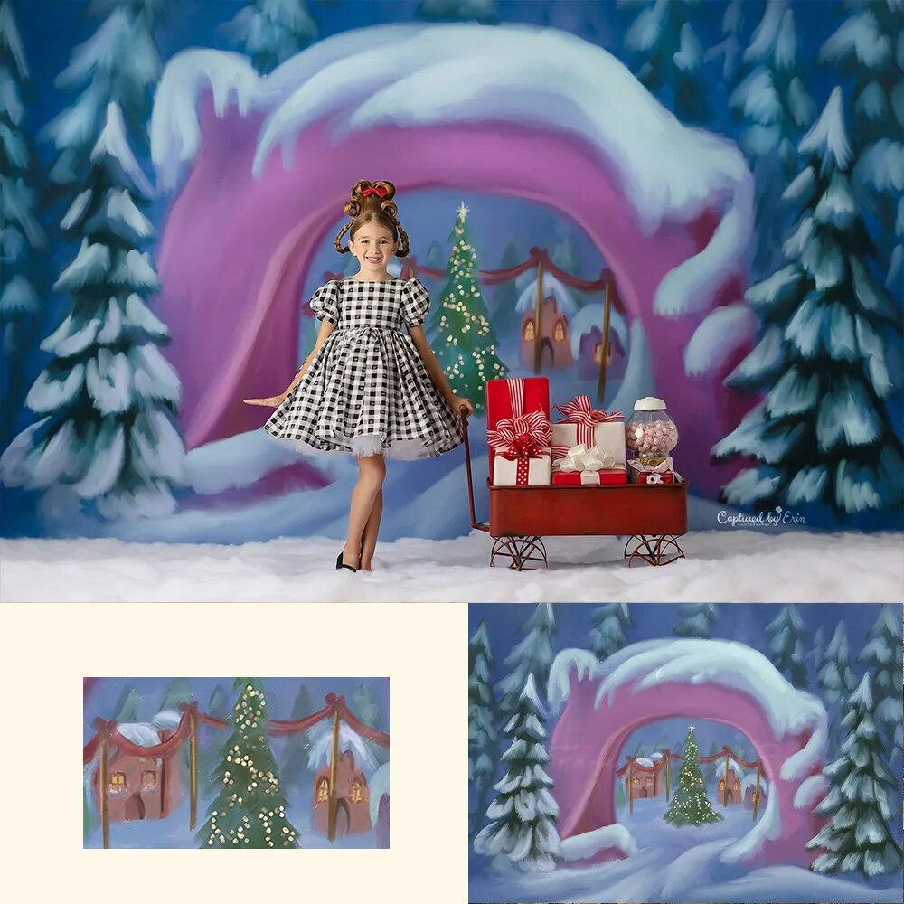 Noël maison enneigée décors bébé enfants Portrait photographie enfant Photostudio arbres de noël hiver neige bonbons arc arrière-plans 