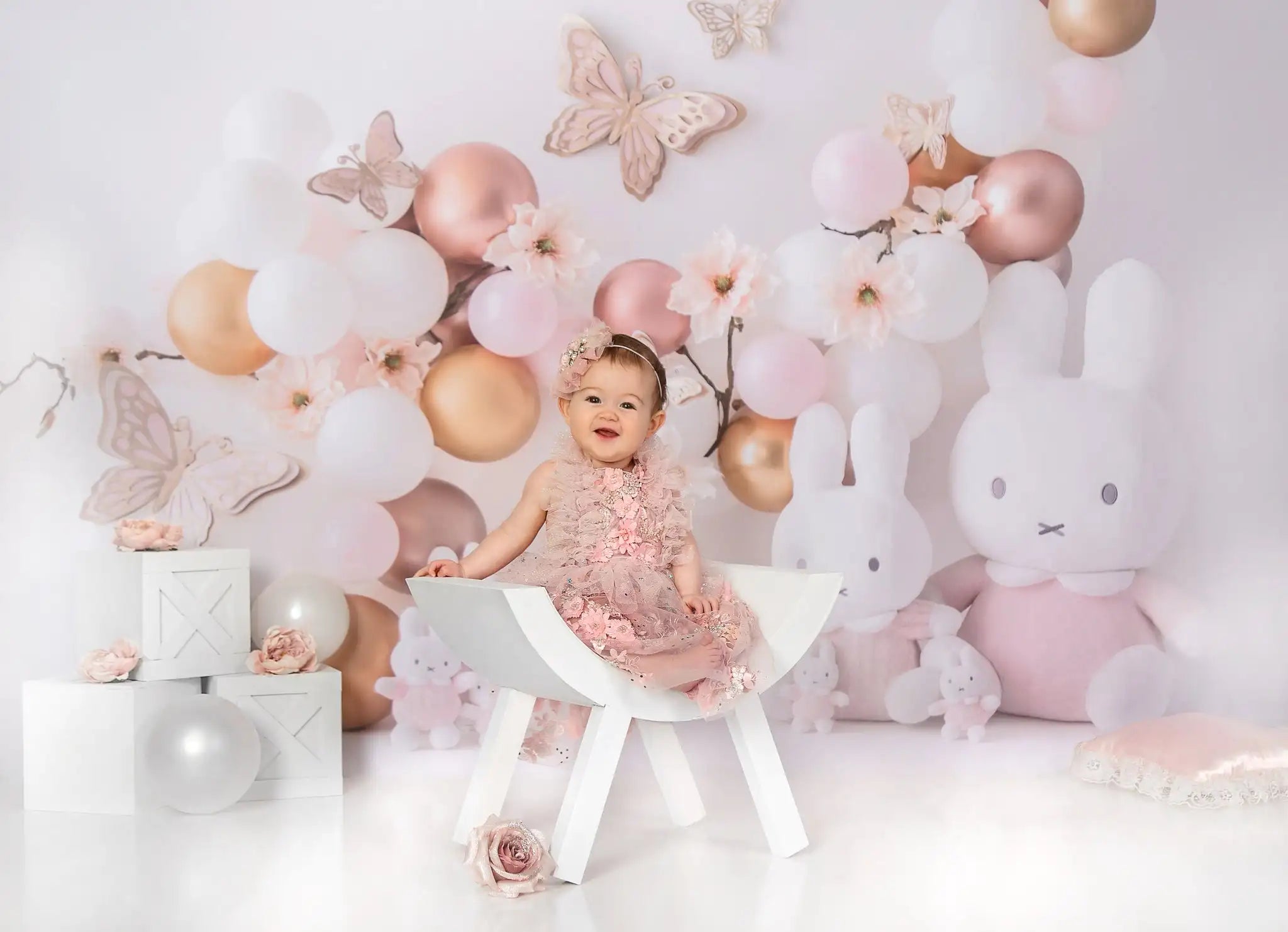 Pink Butterflies and Bunnies Backdrop Balloons Kids Cake Smash Photography Props Child Baby Girls Adult Photocall Backgrounds