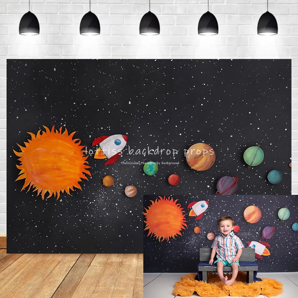 Arrière-plan d'aventurier de l'espace, accessoires de gâteau pour enfants, Portrait d'enfant, fusée, vaisseau spatial, arrière-plan, studio photo d'anniversaire 