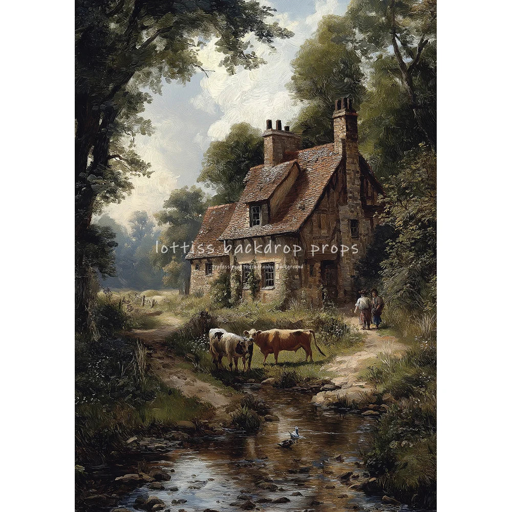 Village Cows Farm River Scenery Oil Painting Photography Backdrops Wedding Kids Adult Photocall Sunset Countryside Backgrounds