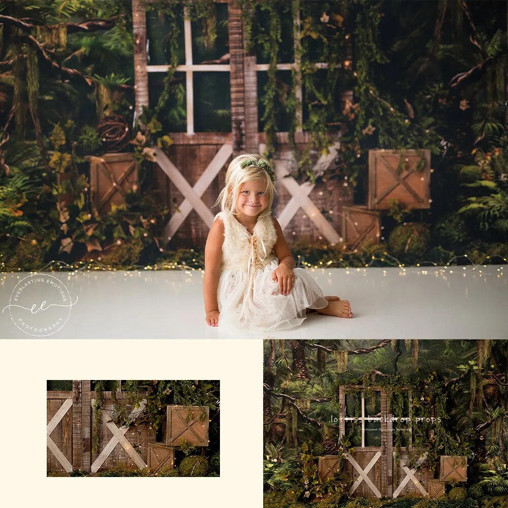 Arrière-plan de forêt tropicale pour photographie d'enfants, accessoires de gâteau d'anniversaire pour séance photo, thème sauvage, porte en bois